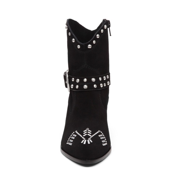 Black Cowboy Western Buckle Studded Suede Boots - Picture 3 of 4